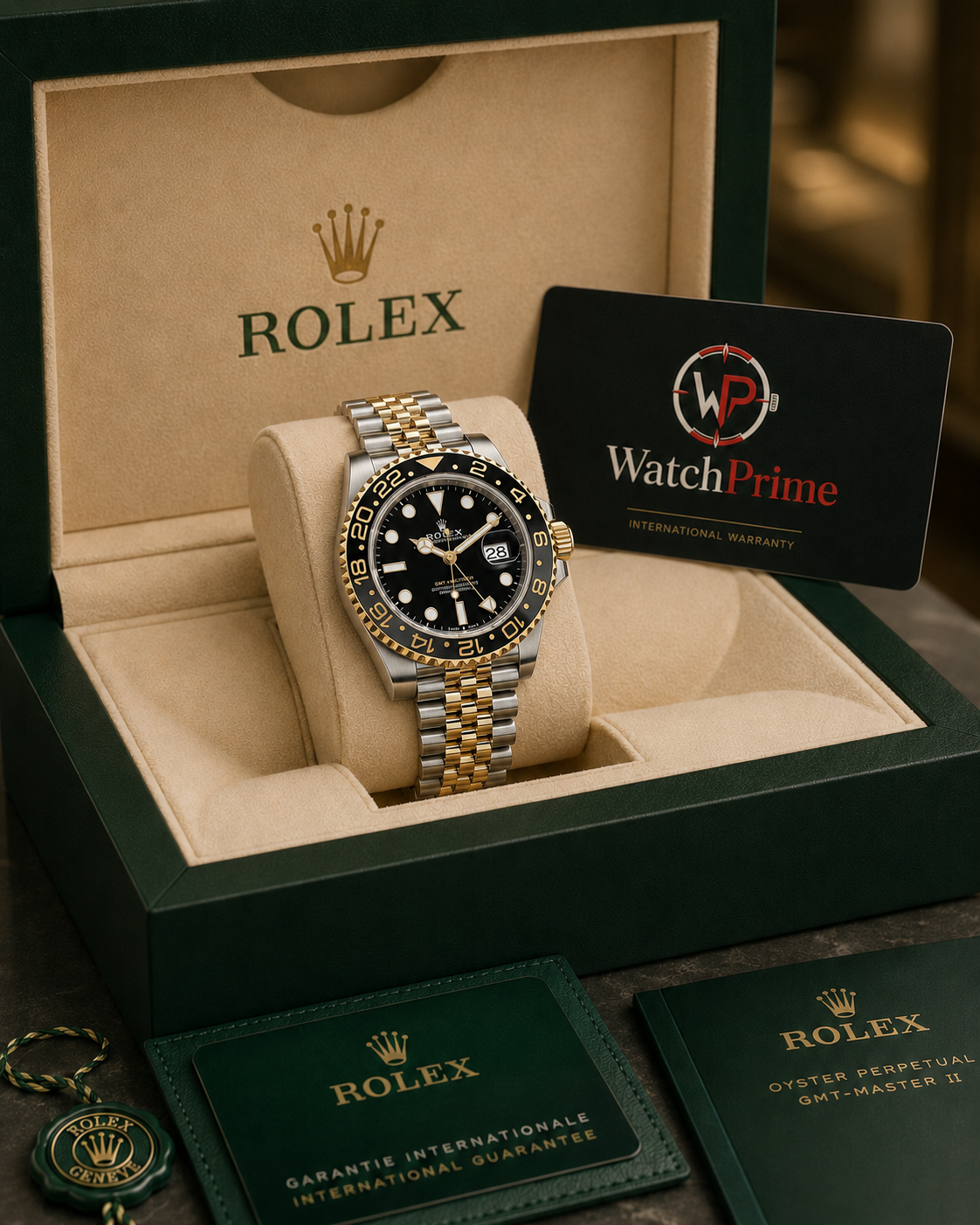 Rolex GMT-Master II yellow gold with a black dial and a Jubilee bracelet